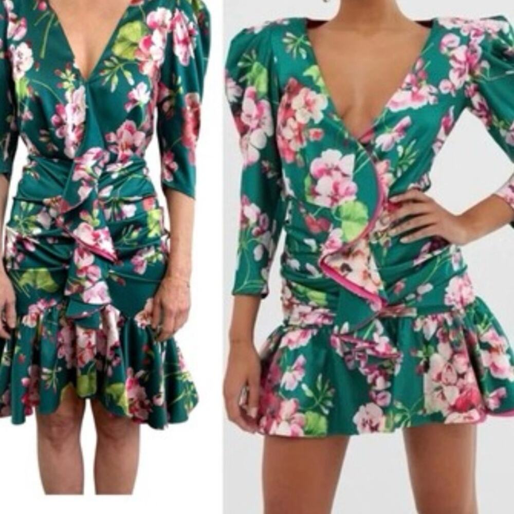 Bronx & Banco Sofia dress floral puff sleeve wedding guest sz M